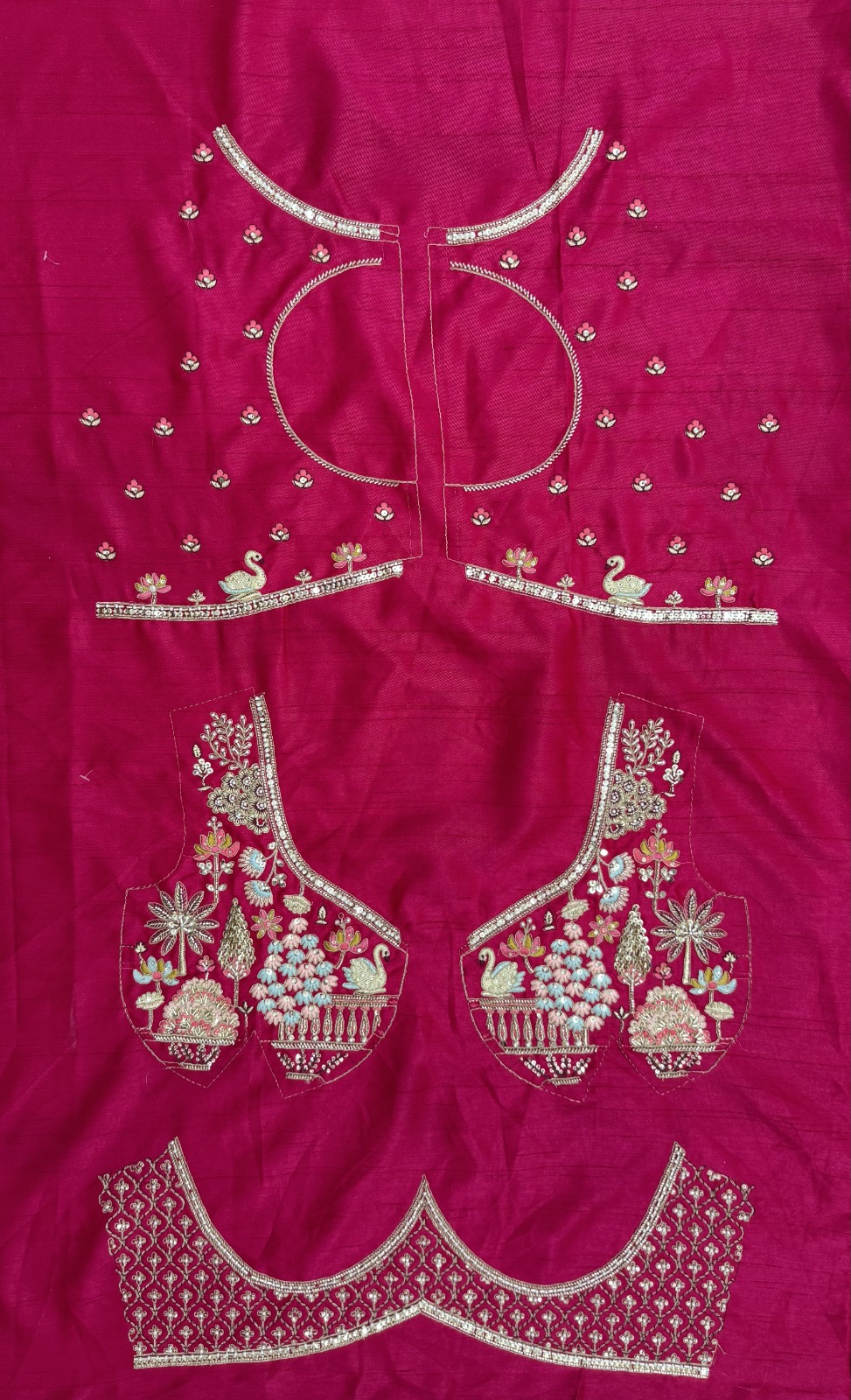 Rani-Pink Silk Floral Pattern using Beads, Golden Sequins-Thread Handwork Bridal Semi-Stitched Lehenga Choli